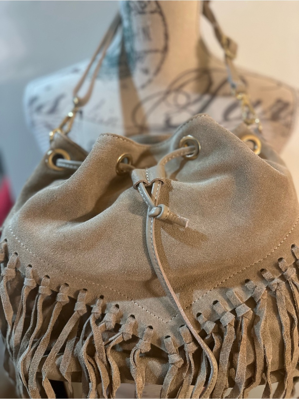 Fringe Suede Drawstring Shoulder Bag - Taupe